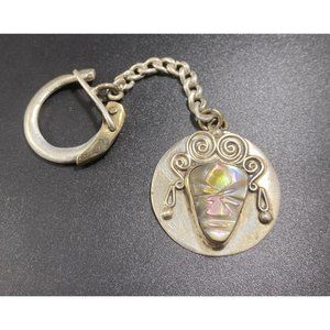 925 Mexico DF Tribal Face Key Ring MOP Abalone Vintage Signed
